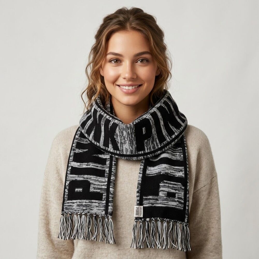 Title: PINK Victoria's Secret Black & White Graphic Logo Fringe Knit Scarf
